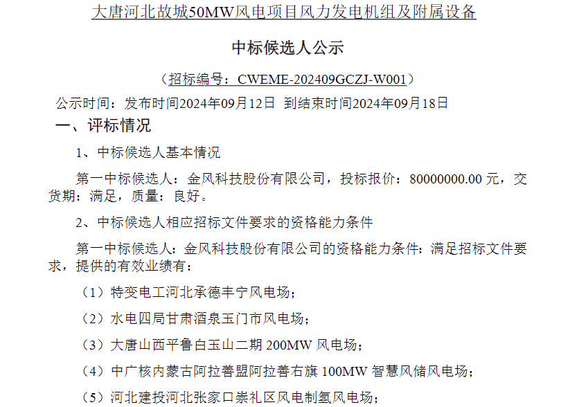 250MW風電項目公示！這2家整機商中標