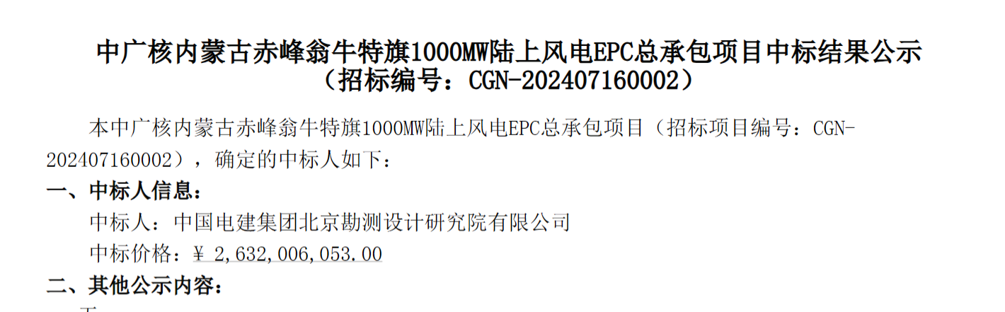 中广核内蒙古1000MW陆上风电EPC总承包项目中标结果公示