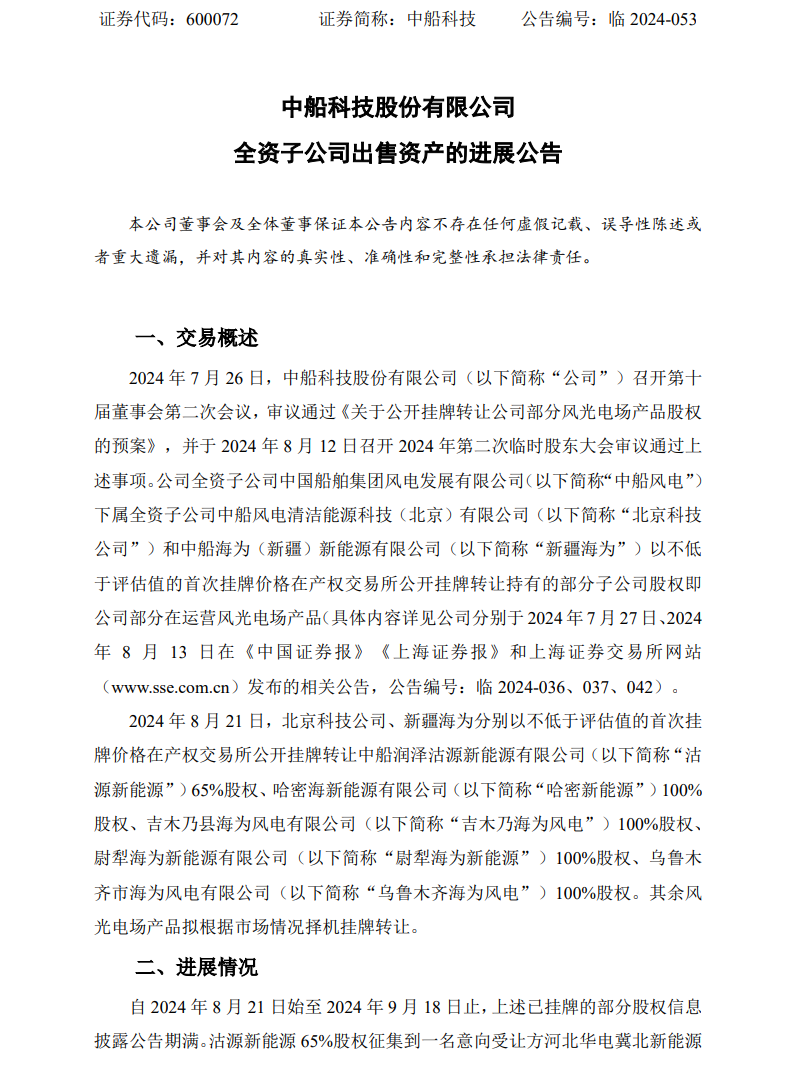 中船科技5家新能源公司，受让方确定