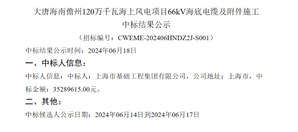 120萬千瓦海上風(fēng)電項目相關(guān)施工中標(biāo)公示！