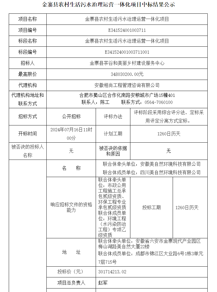 超3億！安徽金寨縣農(nóng)村生活污水治理運(yùn)營一體化項目中標(biāo)結(jié)果公示