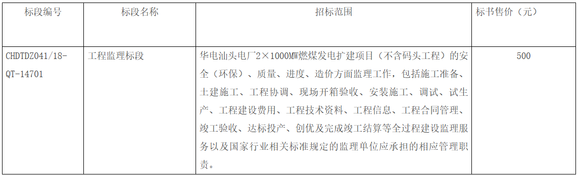 华电汕头电厂2x1000MW燃煤发电扩建项目工程监理招标